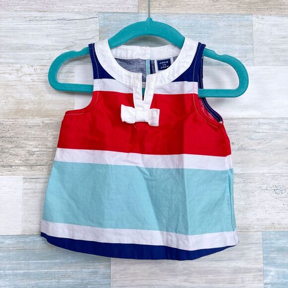 Janie & Jack Striped Split Neck Top Blue Red White Bow Baby Girl 6-12 Month - Picture 1 of 6